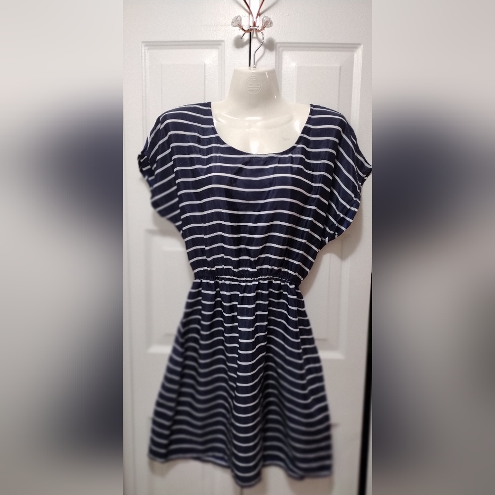 Fun & Flirt Navy Blue/White Striped Short Sleeved Dress Small